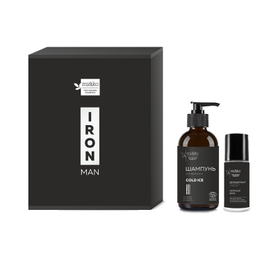 Подарочный набор для мужчины "IRONMAN" (Шампунь Cold Ice для жирных волос, от перхоти 200 мл COSMOS ORGANIC, Дезодорант Морской бриз 50 мл)